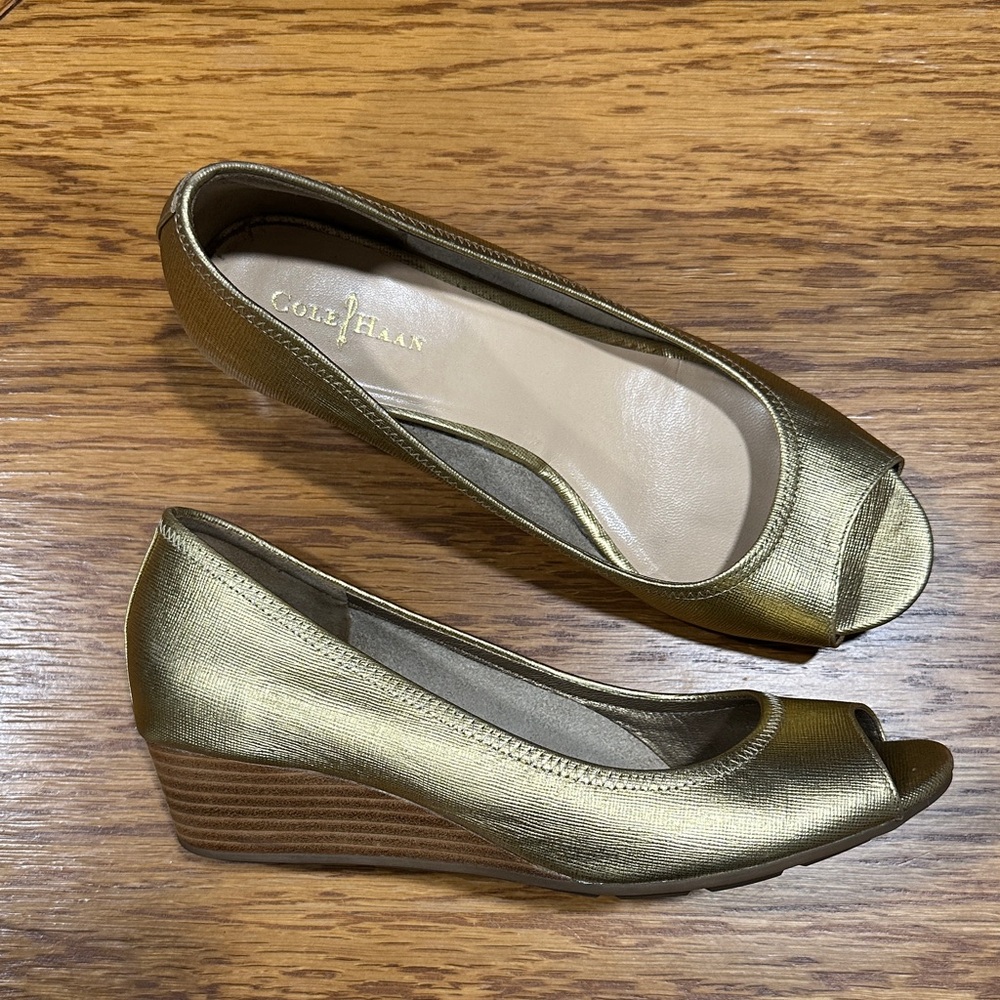 Cole Haan Gold Peep-Toe Wedge Pumps